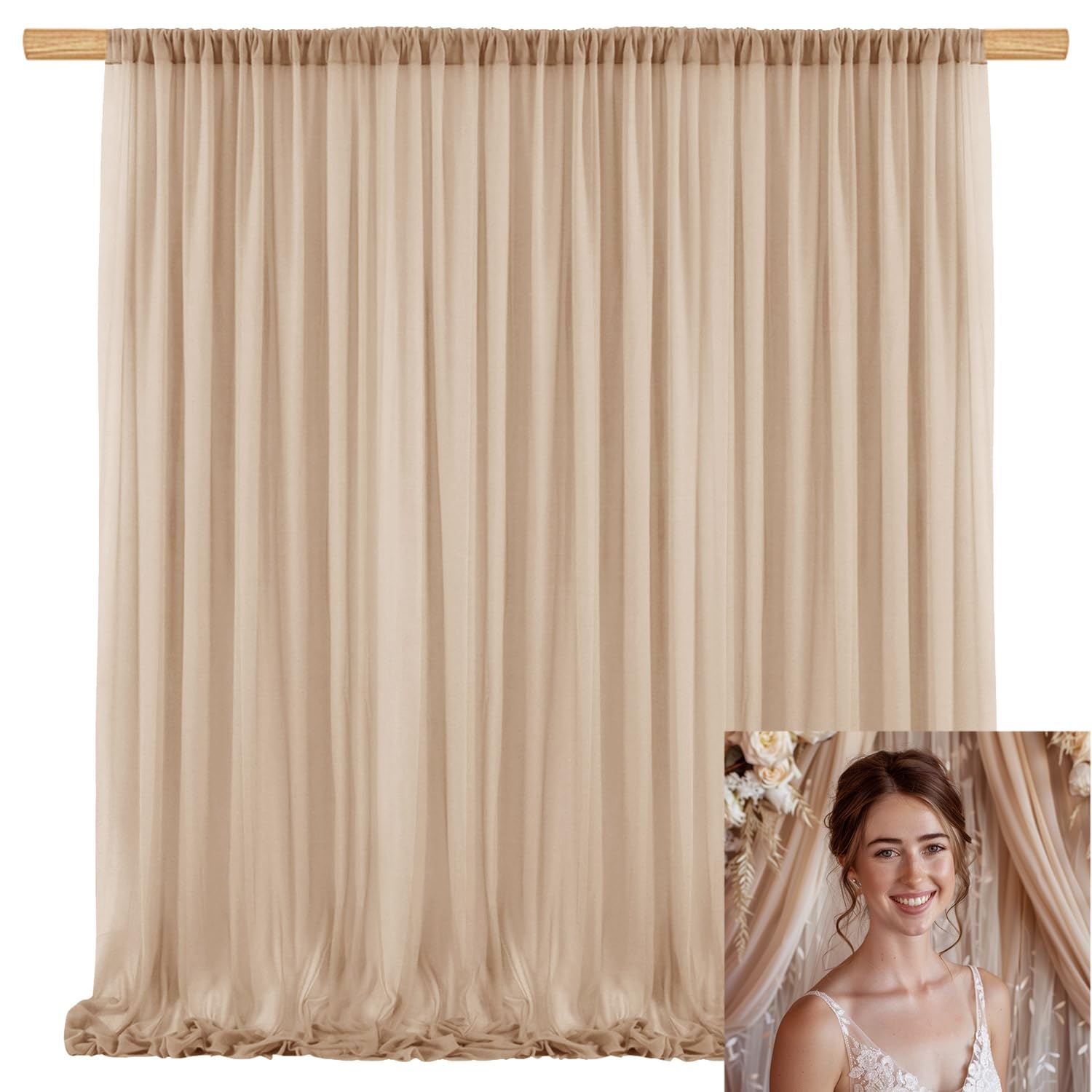 TOAOFY 10x10ft Chiffon Backdrop Stage Curtains Light Brown Chiffon Backdrop Drapes Wrinkle-Free Sheer Fabric Curtain Wedding Birthday Party Baby