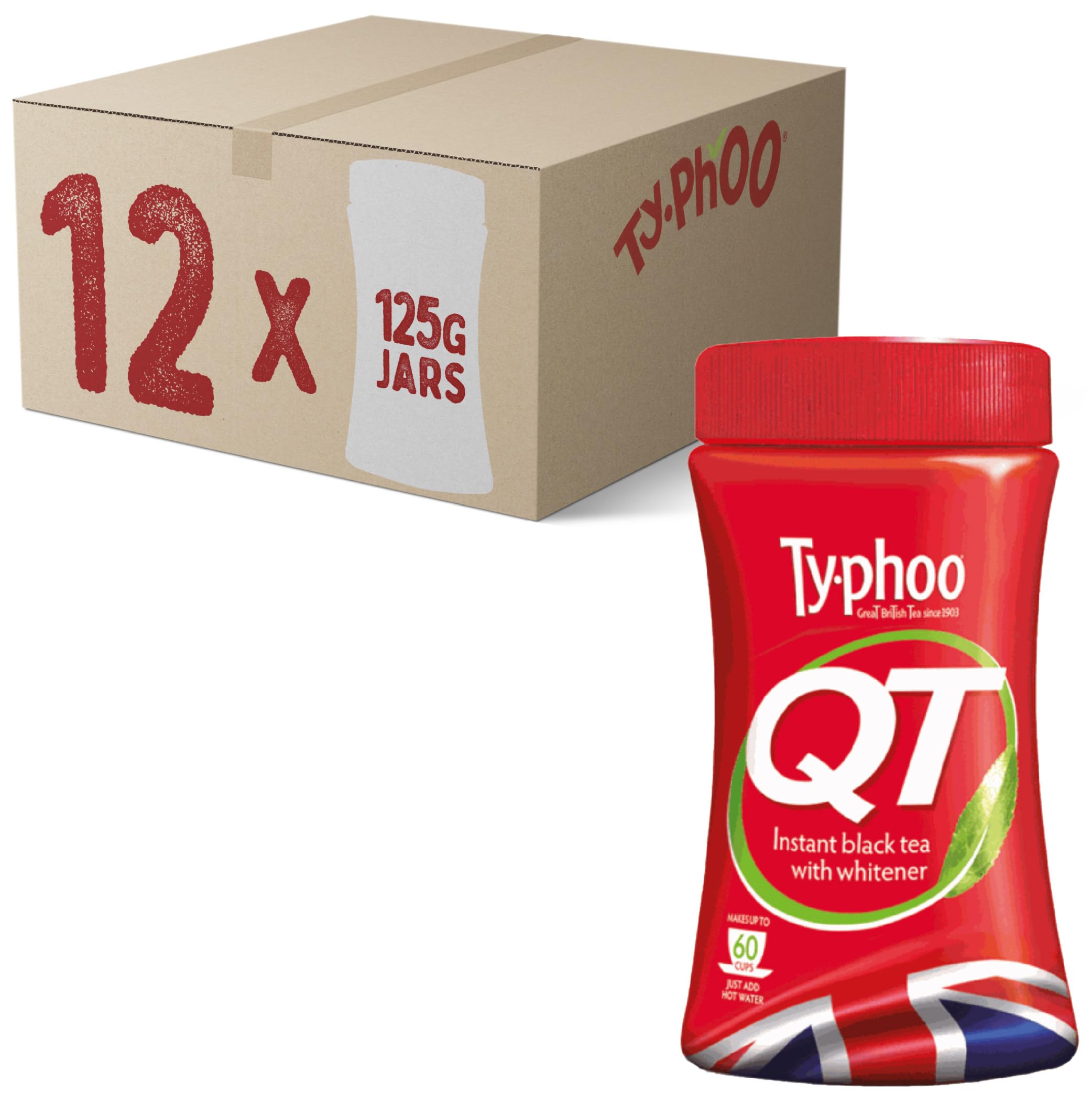 Typhoo QT • Instant One Cup Tea with Whitener • 12 x 125g Tub • Makes Up to 60 Cups of Instant Tea • Creamy, Sweet & Convenient • Just Add Hot Water • No Teabags or Milk Needed