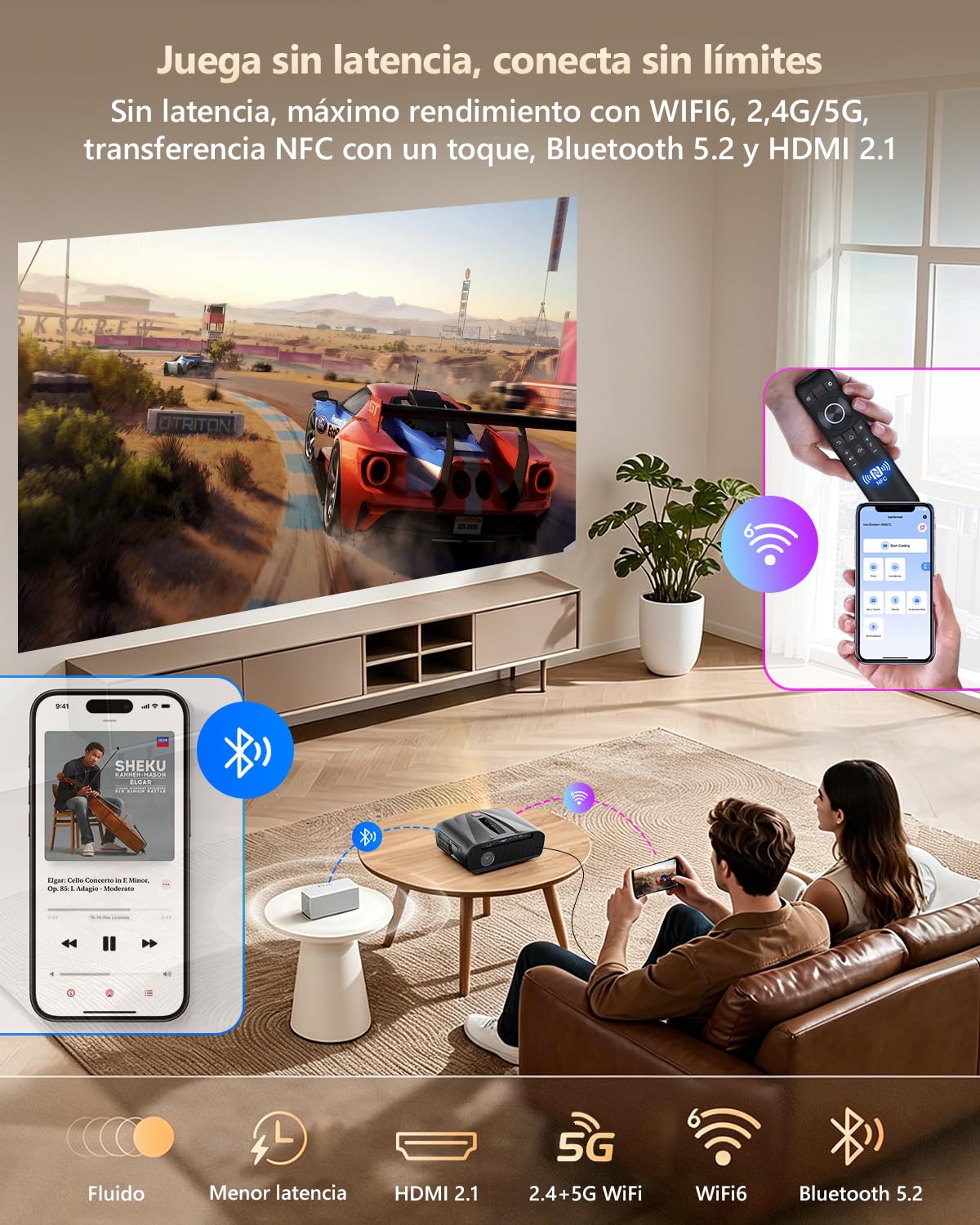 Proyector 4K UHD de 2300 ANSI para Uso diurno, Cine en casa, HDR10, WiFi 6, Bluetooth, NFC, Proyectores Inteligentes con Android, Enfoque automático/corrección Trapezoidal, HDMI ARC, USB, WLAN