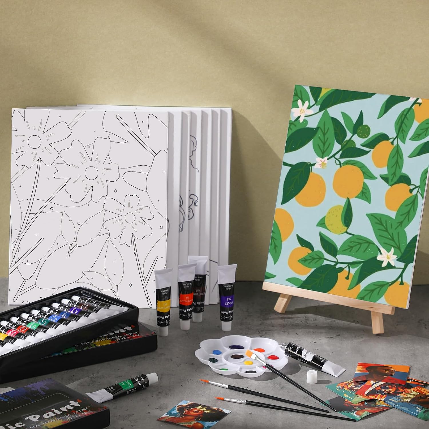 Cholemy 36 Pcs Paint and Sip Kit for Adults 8''x10'' Pre Drawn Canvas for Painting DIY Afro Acrylic Painting Kit Wood Easel Brushes Date Night Bulk for Father's Day Party Gifts(Flowering)