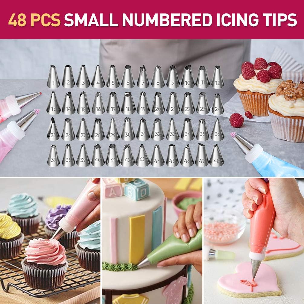 Icing Piping Tips Kit,99 pcs OCOOKO Icing Piping bags and Tips Cupcake Decorating Supplies Kit with 40 Frosting Bags and 48 Numbered Tips 4 Big Icing Tips and 3 Couplers for Baking Supplies