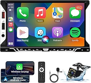 Double Din Car Stereo with Wireless Carplay Android Auto, 7-Inch Touch Screen Car Radio Support Bluetooth 5.1, Head Unit with Backup Camera, Mirror Link, FM, SWC, AUX, USB