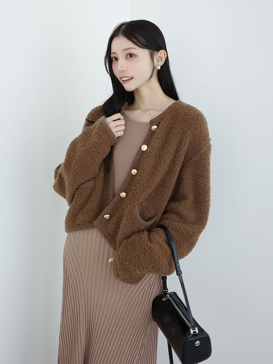 Amazon | [EIMY ISTOIRE] TEDDY KNIT JACKET BROWN | 羽織り,通勤
