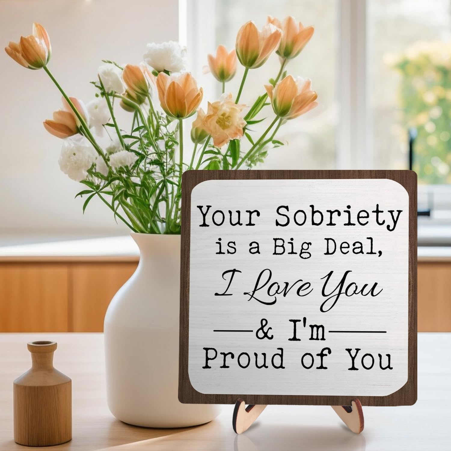 Best Sobriety Wooden Plaque Sign Desk Decor, Encouraging Gifts, Recovery Gifts, Alcoholics Wood Plaque Sign Desk Home Office Decor 5.9 x 5.9 inches-Your Sobriety is a Big Deal I Love You(White+Brown) image 3
