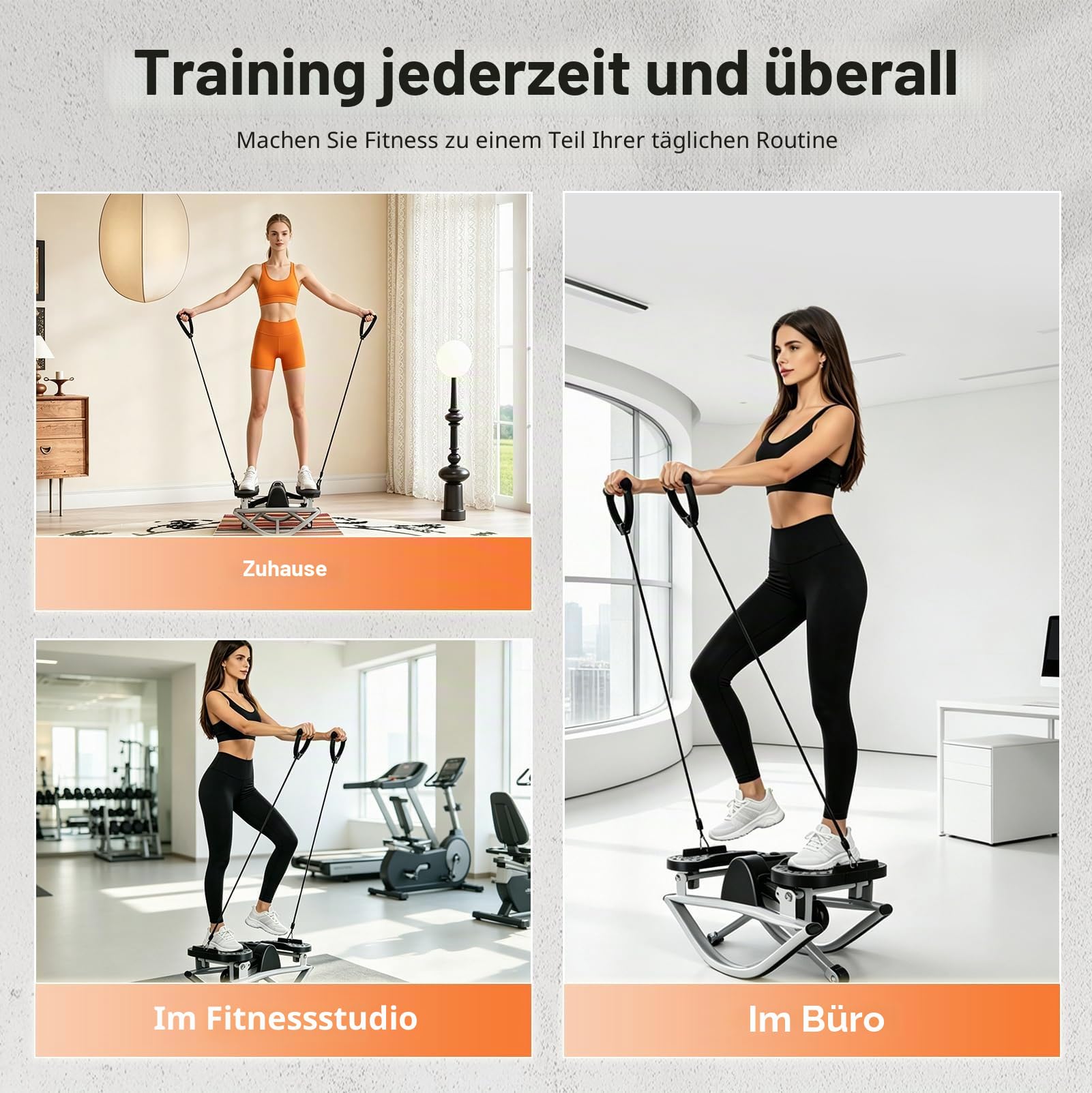 Mini Stepper für Zuhause, 2 in 1 Swing Stepper mit Zähler, Bändern & Matte | Swing Stepper mit Widerstandsbändern und 70×40 cm Antirutschmatte, leises Ganzkörpertraining für Beine, Hüfte, Arme und Rumpf