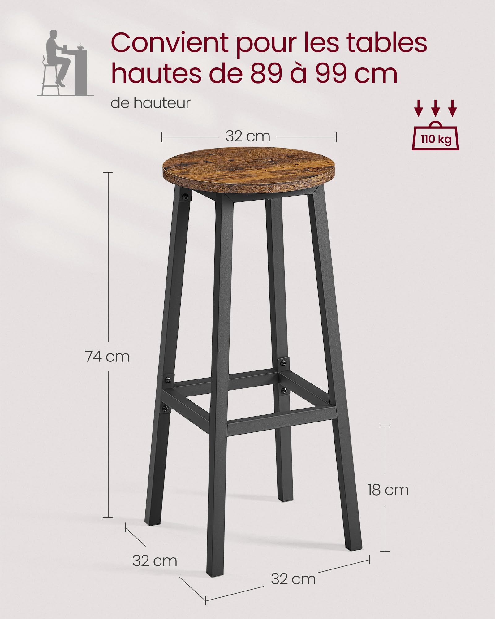 VASAGLE Tabourets de Bar, Lot de 2, Chaises, Siège Haut, Cadre Métallique, Montage Facile, Hauteur 74 cm, Repose-Pieds, pour Cuisine, Salon, Salle à Manger, Marron Rustique et Noir LBC132K01