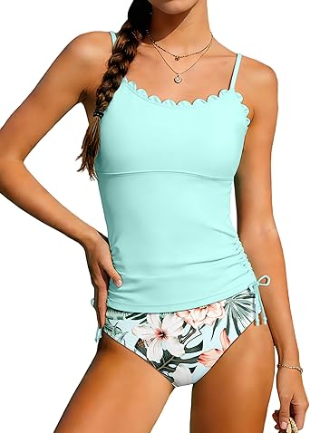 DONWEN Girls Tankini Swimsuit Two Piece Scoop Neck Scallop Trim Side Drawstring Girl Bathing Suit for 9-16Y