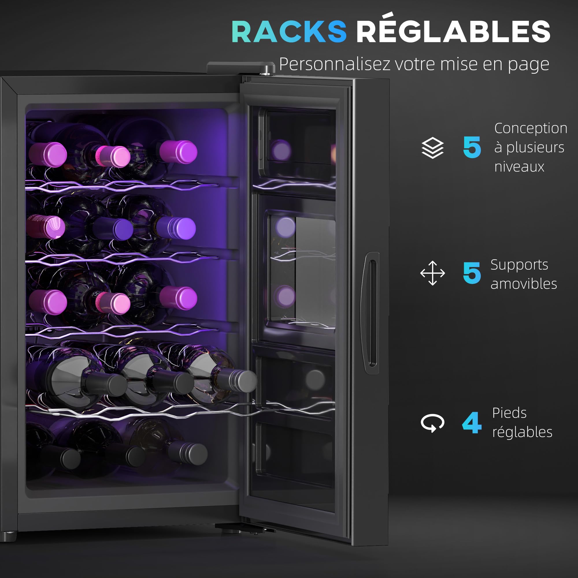 HOMCOM Cave à vin 15 bouteilles 39L réfrigérateur thermoélectrique silencieux porte verre LED écran tactile numérique contrôle température 8-18°C noir