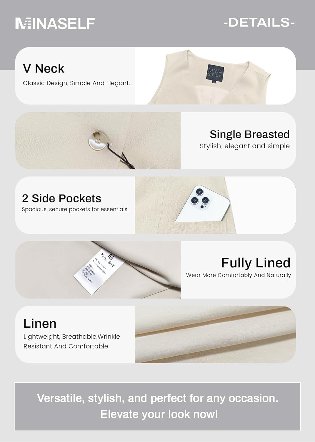 Mina Self 2026 Summer Women's Linen-Cotton Blend Vest Tops - Lightweight Breathable Long Fashion Clothes with Pockets