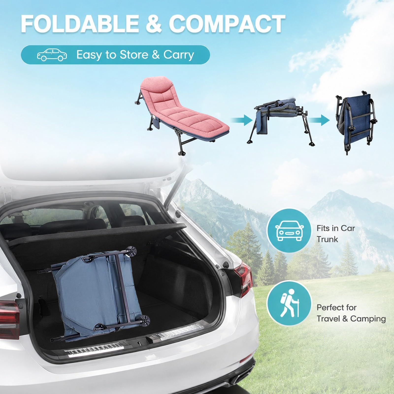Lit de camp pliable avec coussin de nuque et poche latérale - 190 x 65 x 30 cm - Charge maximale : 150 kg - Pliable - Léger - Compartiment réglable - Lit d'invité pliable pour jardin, voyage