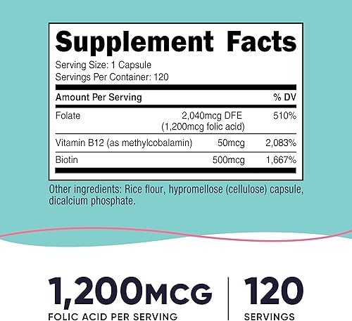 Miniatura 2 de Nutricost Ácido fólico para mujer (vitamina B9) 1200 mcg, 120 cápsulas, con B12 y biotina, tapas vegetales, sin OMG y sin gluten