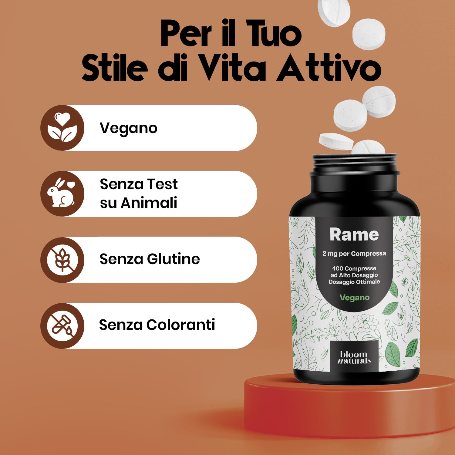 Rame Integratore - 400 Compresse Alto Dosaggio 2 mg - Rame Bisglicinato per Pelle e Capelli - Vegano & Prodotto in Germania - Testato in Laboratorio