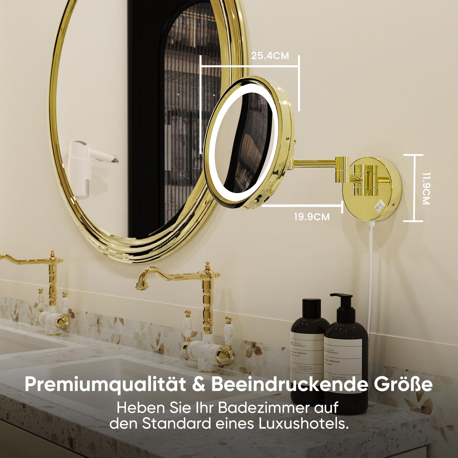 DOWRY Kosmetikspiegel mit Beleuchtung Wandmontage Gold Schminkspiegel mit 7X Vergrößerung 3 Farben Lichtern Vergrößerungsspiegel mit Licht für Bad,Hotel,Spa