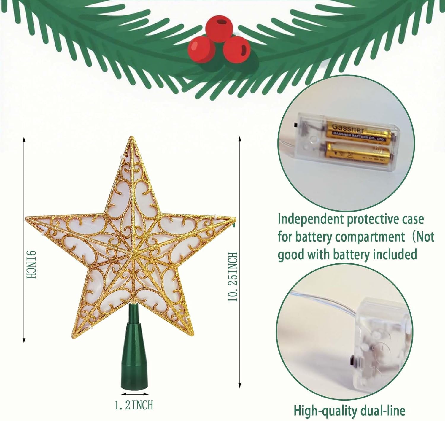 Christmas Star Tree Topper, Gold Glittered 3D Star Tree Topper, with Warm White LED Lights String Lights for Indoor Office Christmas New Year Holiday Tree Decoration - Image 2