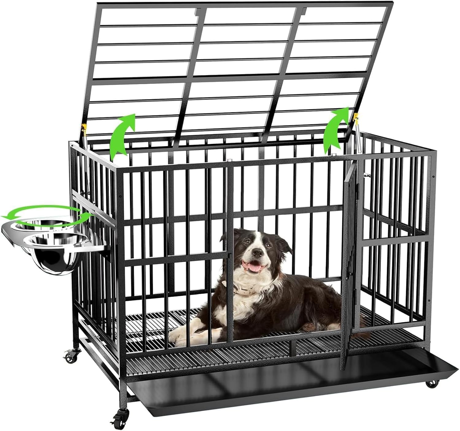 LOVMOR 43" Heavy Duty Dog Crate with Unique Air Lift Rod/Wheels/ 360° & Adjustable 2 Bowls, Extra Medium Dog Crate