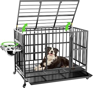 LOVMOR 43" Heavy Duty Dog Crate with Unique Air Lift Rod/Wheels/ 360 & Adjustable 2 Bowls, Extra Medium Dog Crate
