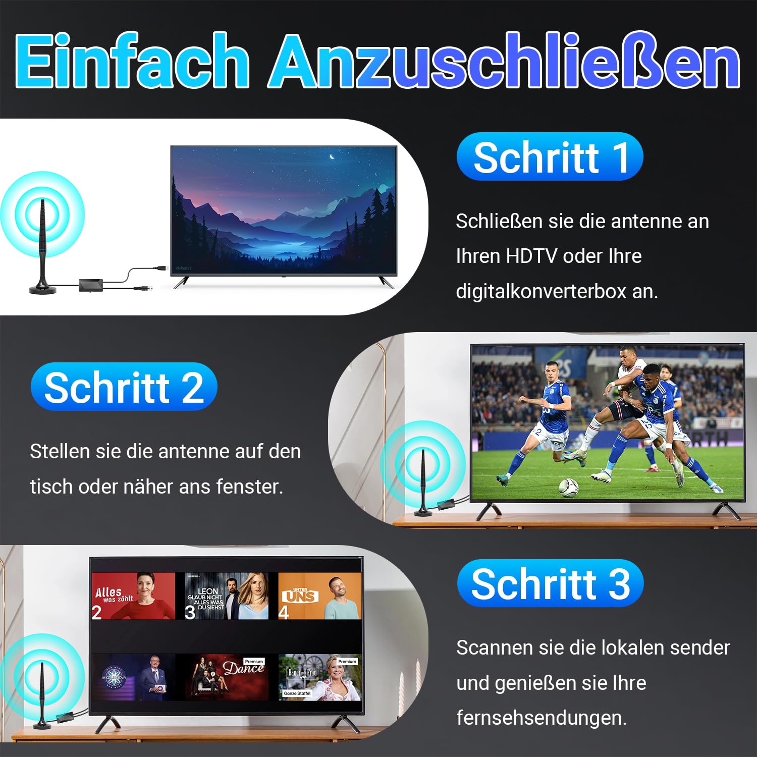 DVB-T/DVB-T2 Antenne mit Verstärker, 360° Empfang & Großer Reichweite, Innen TV Antenne mit Magnetfuß & 5M Koaxialkabel, Unterstützt 4K 1080P DAB/UHF/VHF, Kompatibel mit Allen Fernsehern