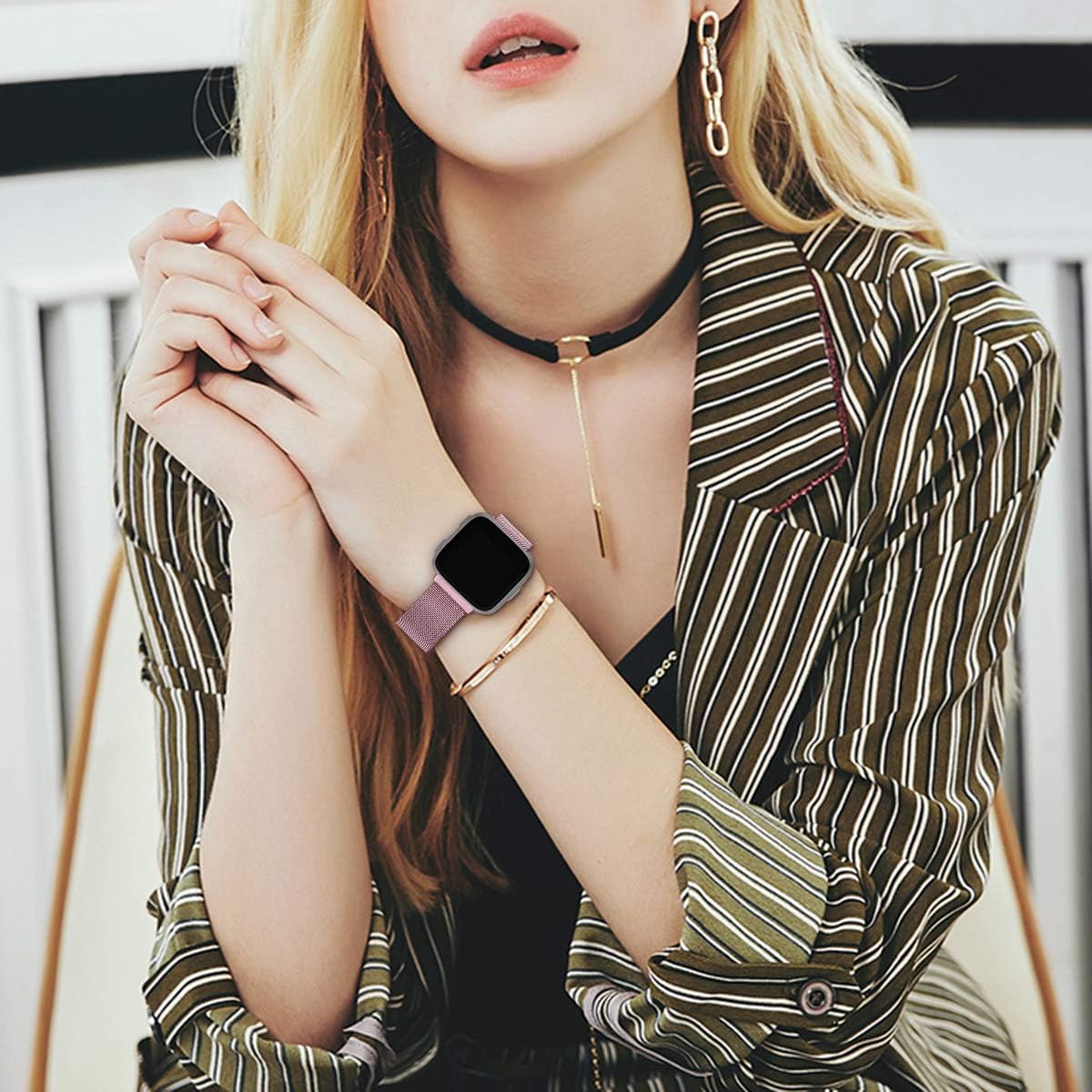 ZXCASD Band Compatible for Versa/Versa 2 Bands, Top Metal Band Replacement Wristband Strap for Versa/Versa 2 /Versa Lite/Versa SE Fitness Smart Watch (Rose pink) : Electronics