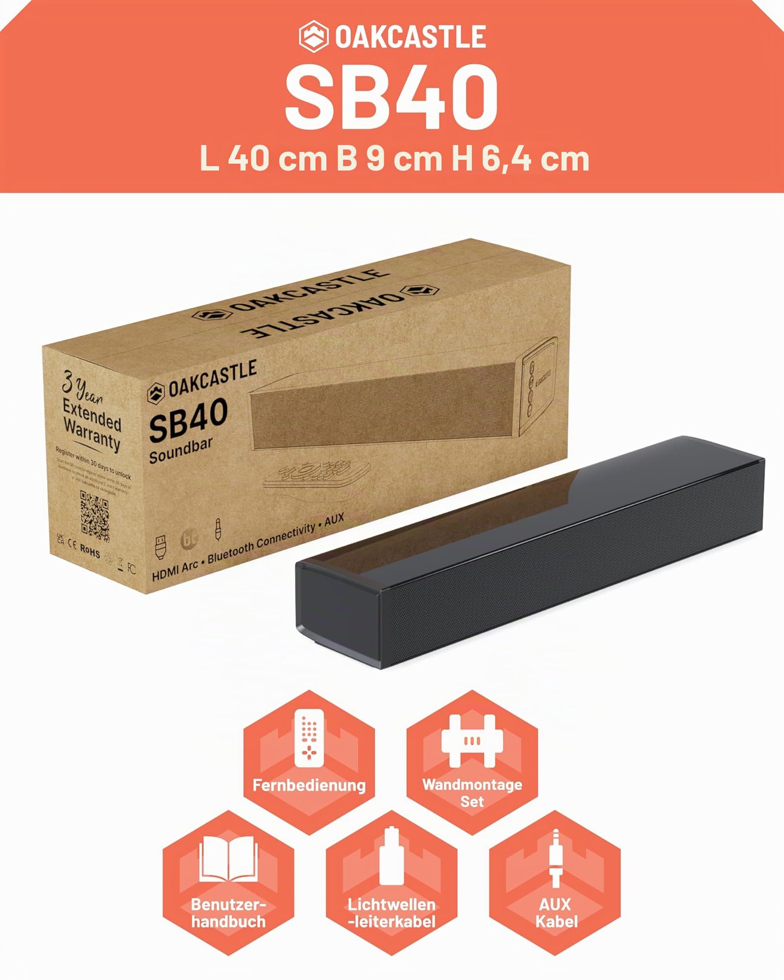 Oakcastle SB40 Soundbar für TV Geräte | Bluetooth Mini Sound Bar | 60W 2.0 TV Lautsprecher für Fernseher | PC Gaming Soundbar | HDMI ARC Sound Bar mit AUX | Inklusive Wandhalterung und Fernbedienung