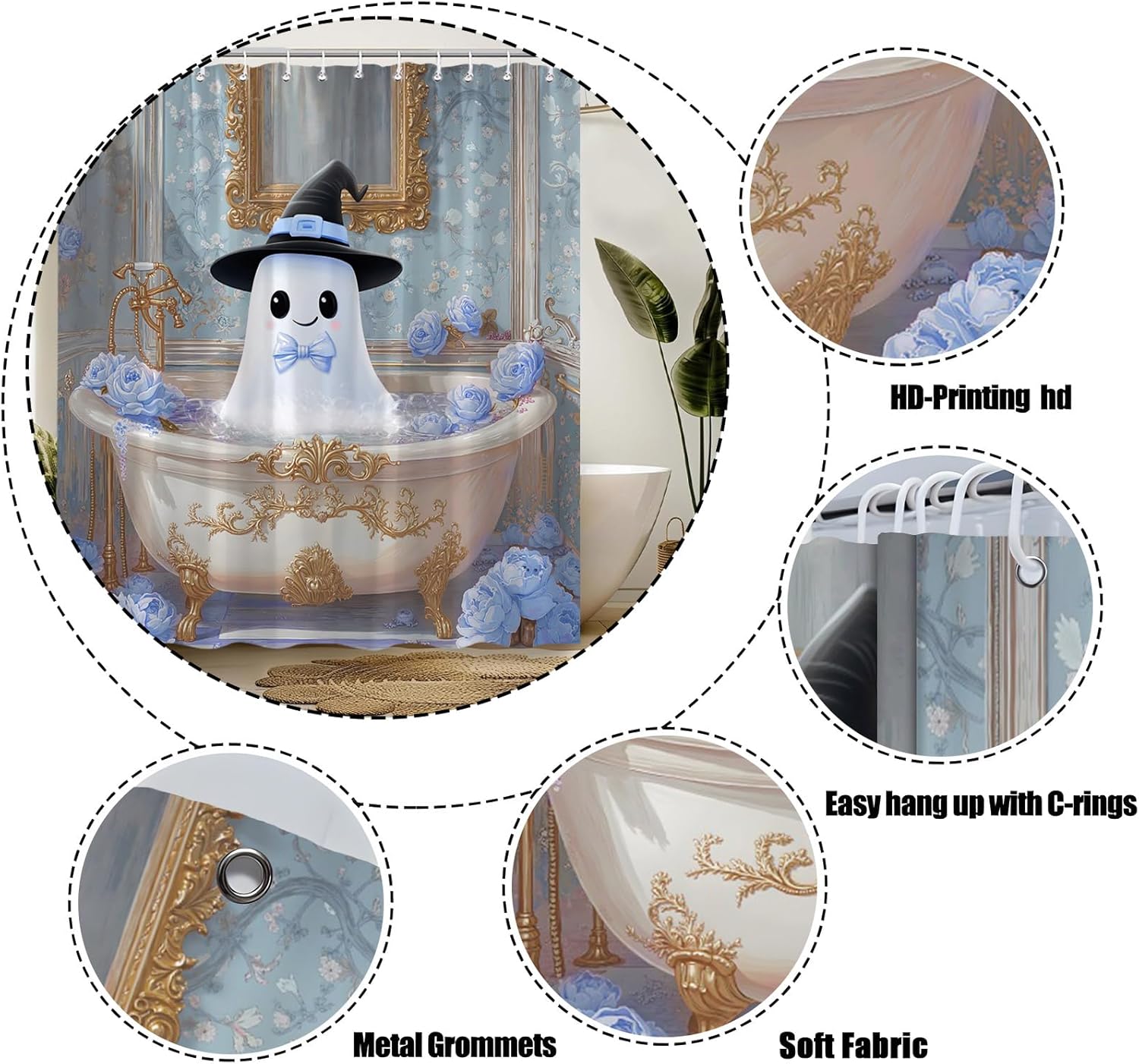 Halloween Shower Curtain Funny Ghost Spooky Take a Bath Creepy Floral Gothic Bathroom Decor Curtain with Hooks,Blue