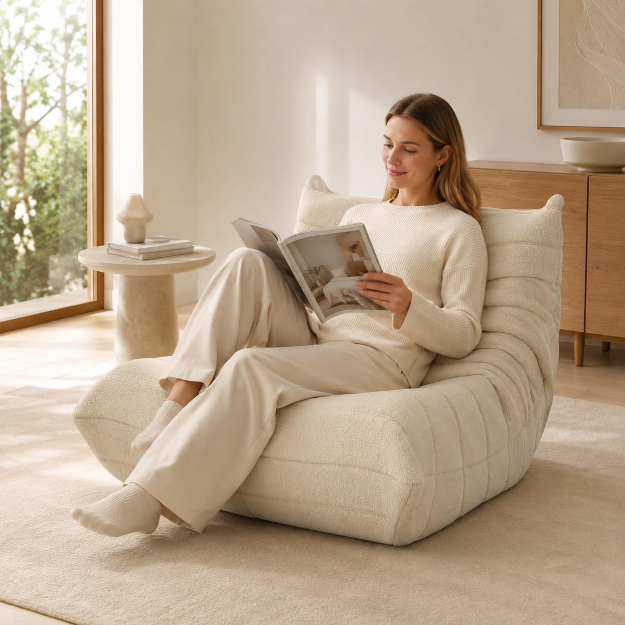 Fotel leniwca z oparciem, duży worek do siedzenia dla dorosłych, wolnostojąca sofa, sofa podłogowa z wygodnej pianki, wysoka gęstość, do salonu, sypialni, 99 x 33 x 33 cm (beżowy)