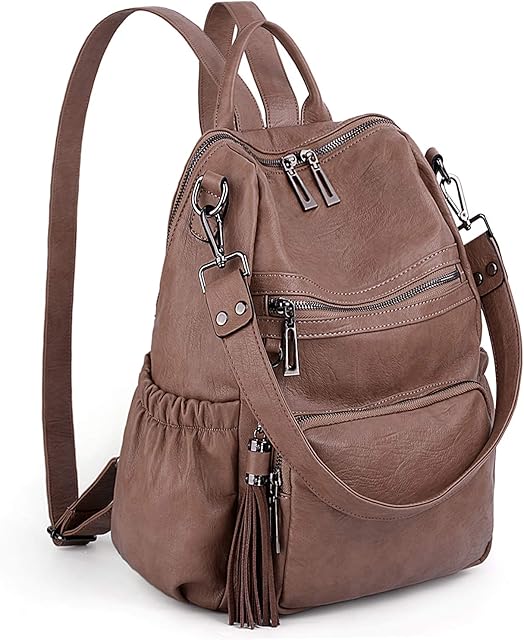 UTO Women Backpack Ladies 3 Ways Rucksack Multi Pockets Tassel Deco PU Leather Khaki