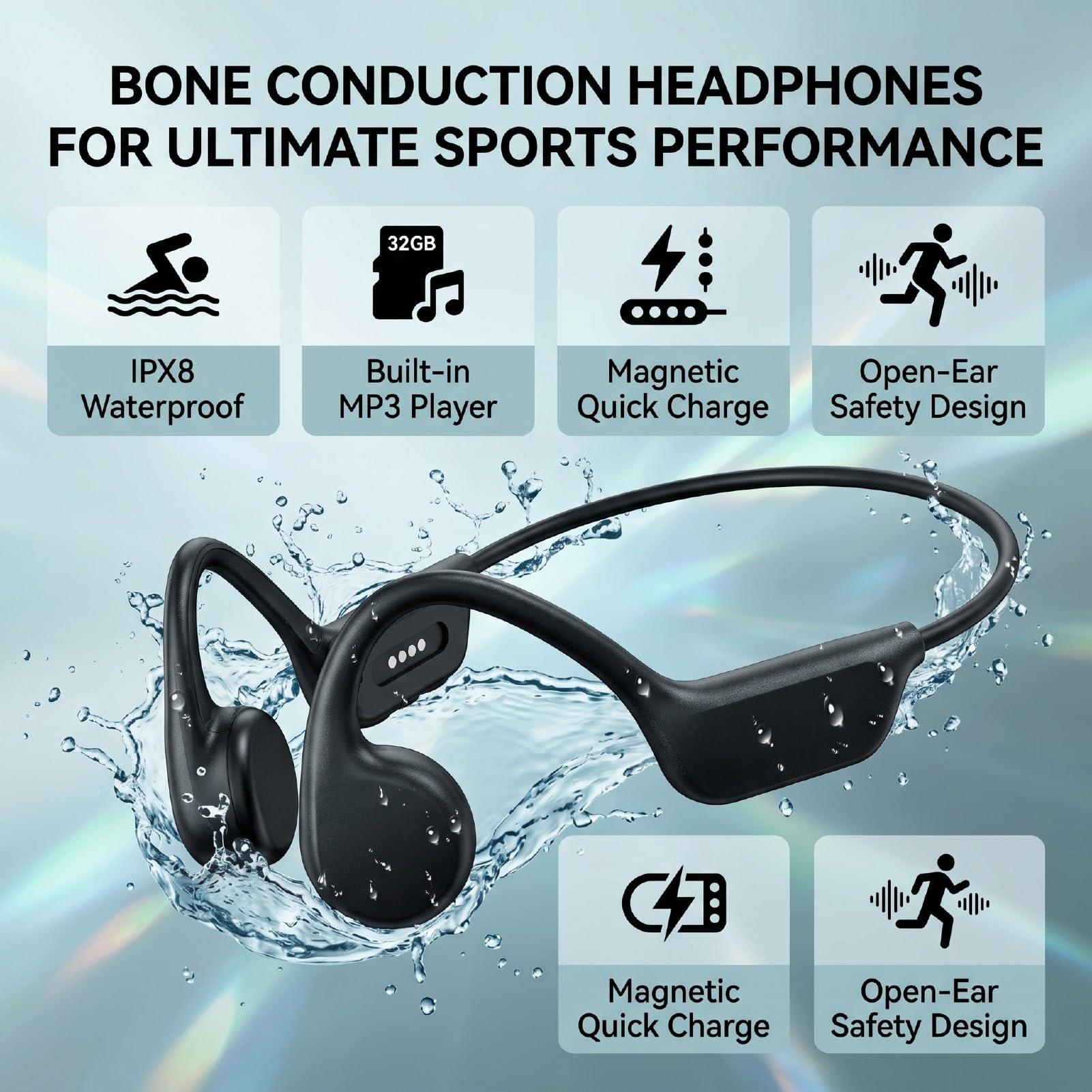 Cuffie a Conduzione Ossea con Lettore MP3 da 32 GB, Cuffie da Nuoto Impermeabili IPX8 Bluetooth 5.4 Auricolari Sportivi Wireless a Orecchio Aperto, Leggere e Sicure (BLACK)