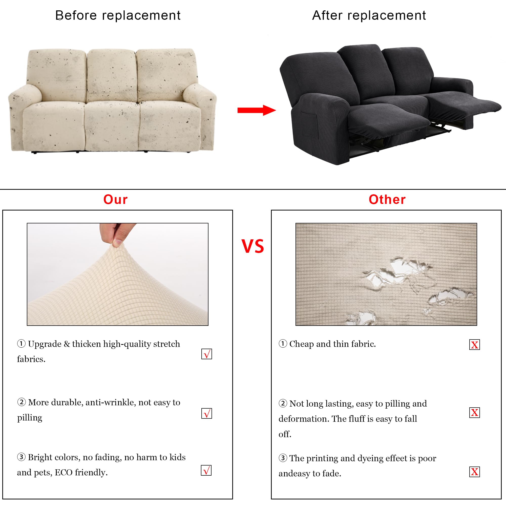 TIANSHU 3 Posti Fodera per Poltrona Reclinabile, Fodera per Poltrona Reclinabile Jacquard, Fodera per Divano Reclinabile Elasticizzata (Poltrona Reclinabile, Grigio)