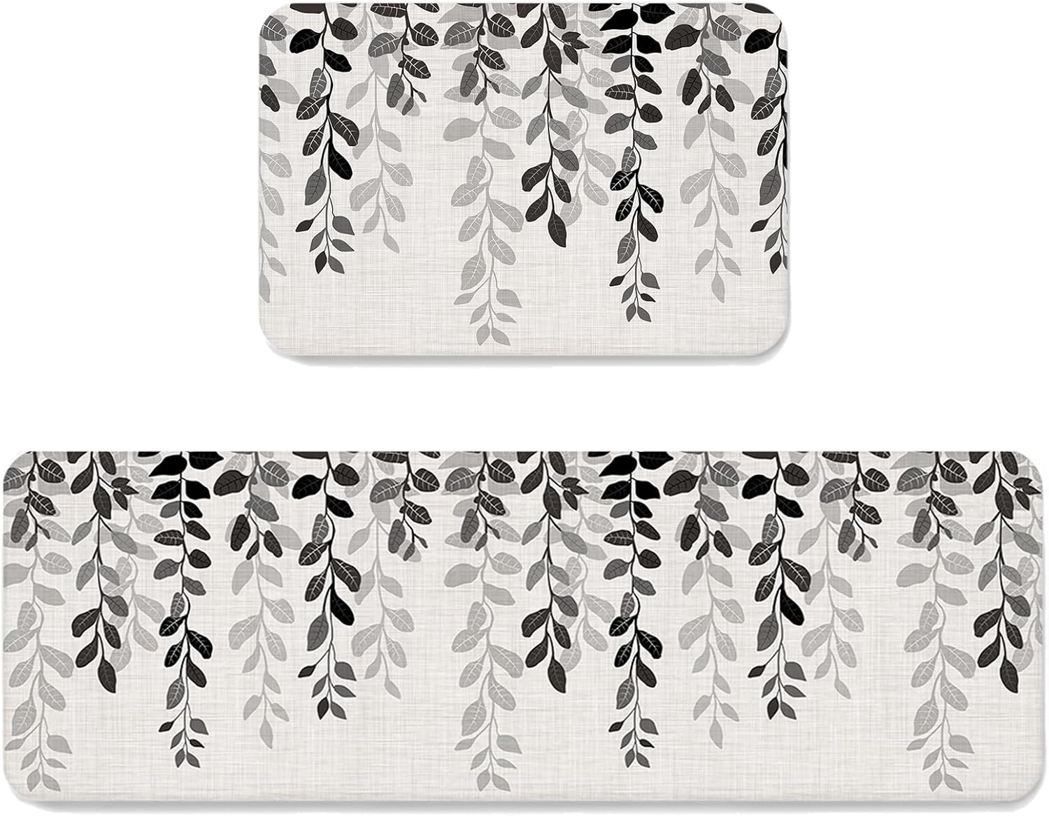 Prime Leader Plant Dark Kitchen Mat Set 2 Pieces Grey Leaves Gradient Linen Texture Non Slip Kitchen Rugs Washable Runner Rug Mats for Sink Laundry (23.6" x 35.4"+23.6" x 70.9")