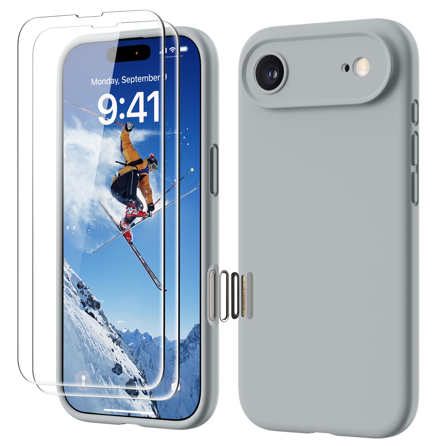 GOODVISH 3 in 1 Silicone Cover per iPhone Air 6.5", Custodia con 2x Vetro Temperato [Pulsante Controllo Fotocamera] 360° Protezione Anticaduta Case per Cellulare Antiurto Resistente, Grigio Acciaio