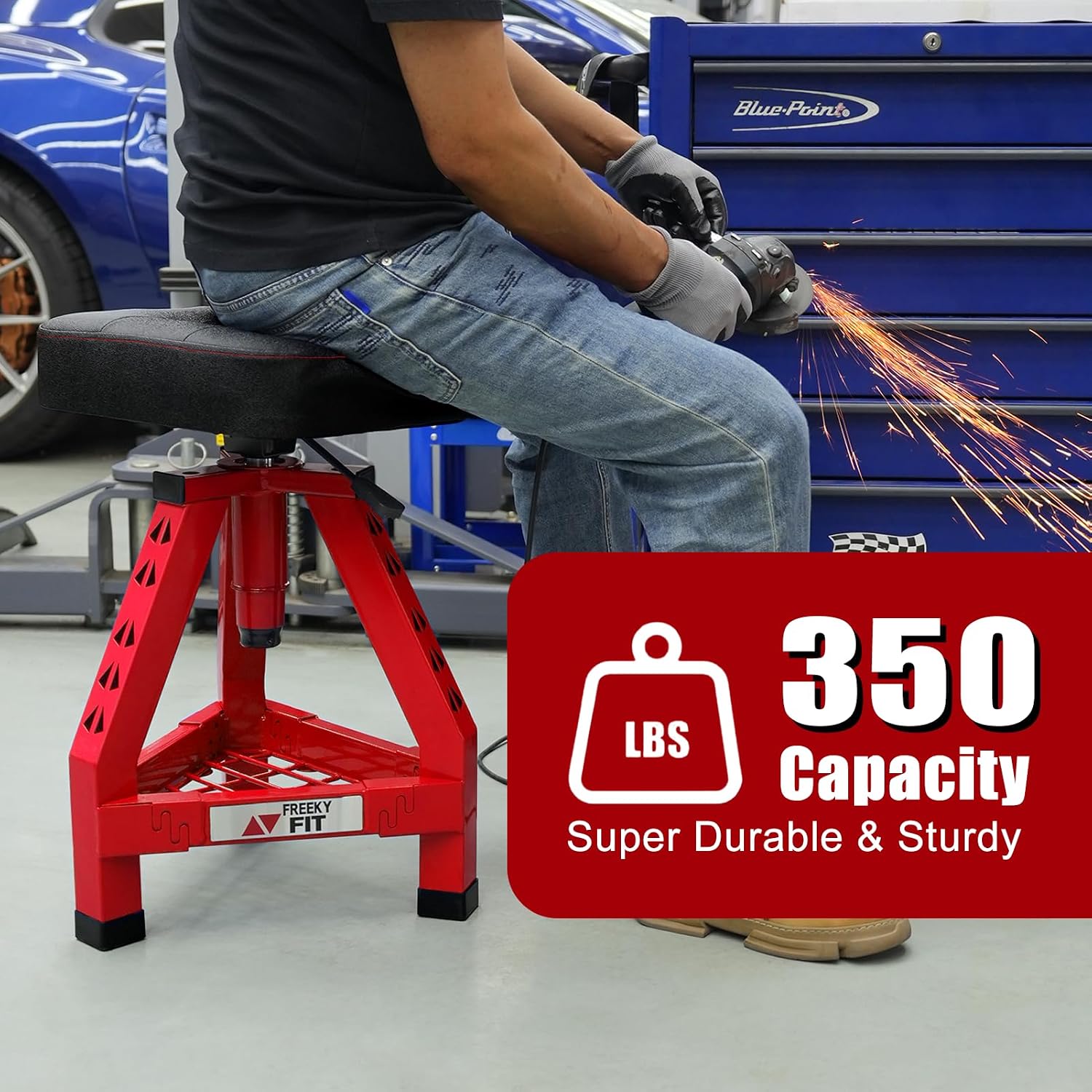 Adjustable Shop Stool,Garage Mechanic Stool Chair,Work Seat for Workshop, Adjustable Height, 360° Swivel Padded Square Seat,Tool Storage, 350 LBS Capacity, Heavy Duty, Red image 3