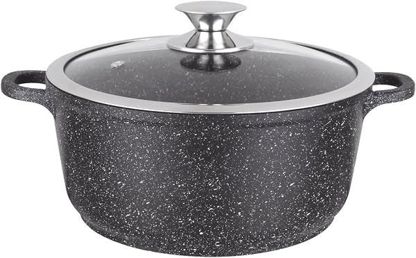 Kamberg - Marmite Faitout 28 cm - Fonte d'Aluminium - Revêtement Type Pierre - Couvercle en Verre - Tous Feux dont Induction - Sans PFOA - 0008033, Noir - 2