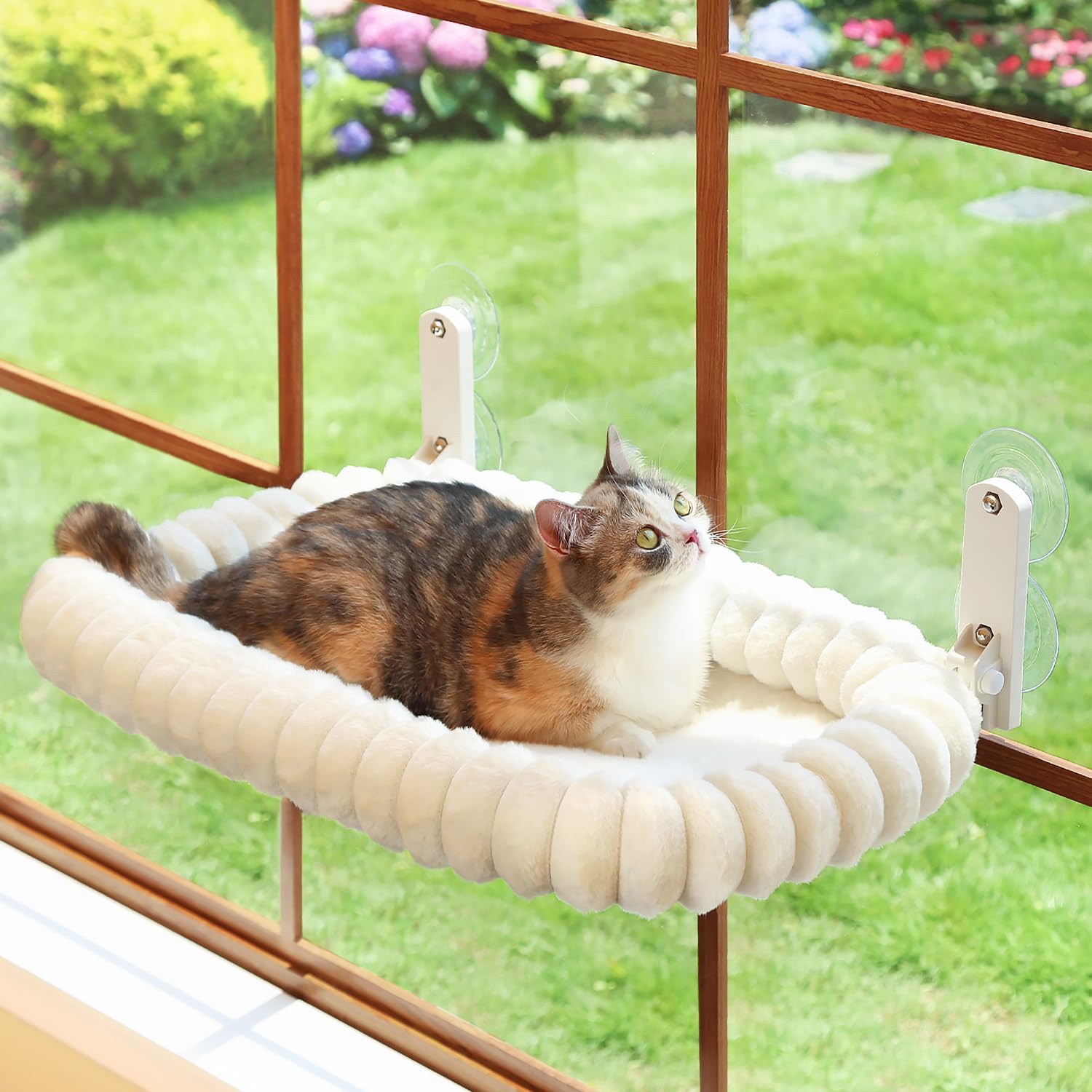 SnugCloud Foldable Cat Window Perch - Cordless, Ultra Soft Machine Washable Bed with 4-Sided Bolster, Metal Frame - Window Hammock for Large Cats and Kittens (Cream White, Large) Cream White Large (25.6"x16.5")
