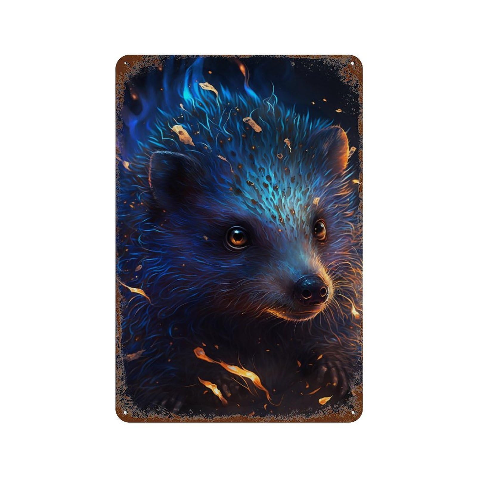 Flaming Blue Bear Artwork Distressed Metal Wall Sign 11.8"x7.9", for Basement, Hobby Room And Garage Decor, Shabby Chic Decor