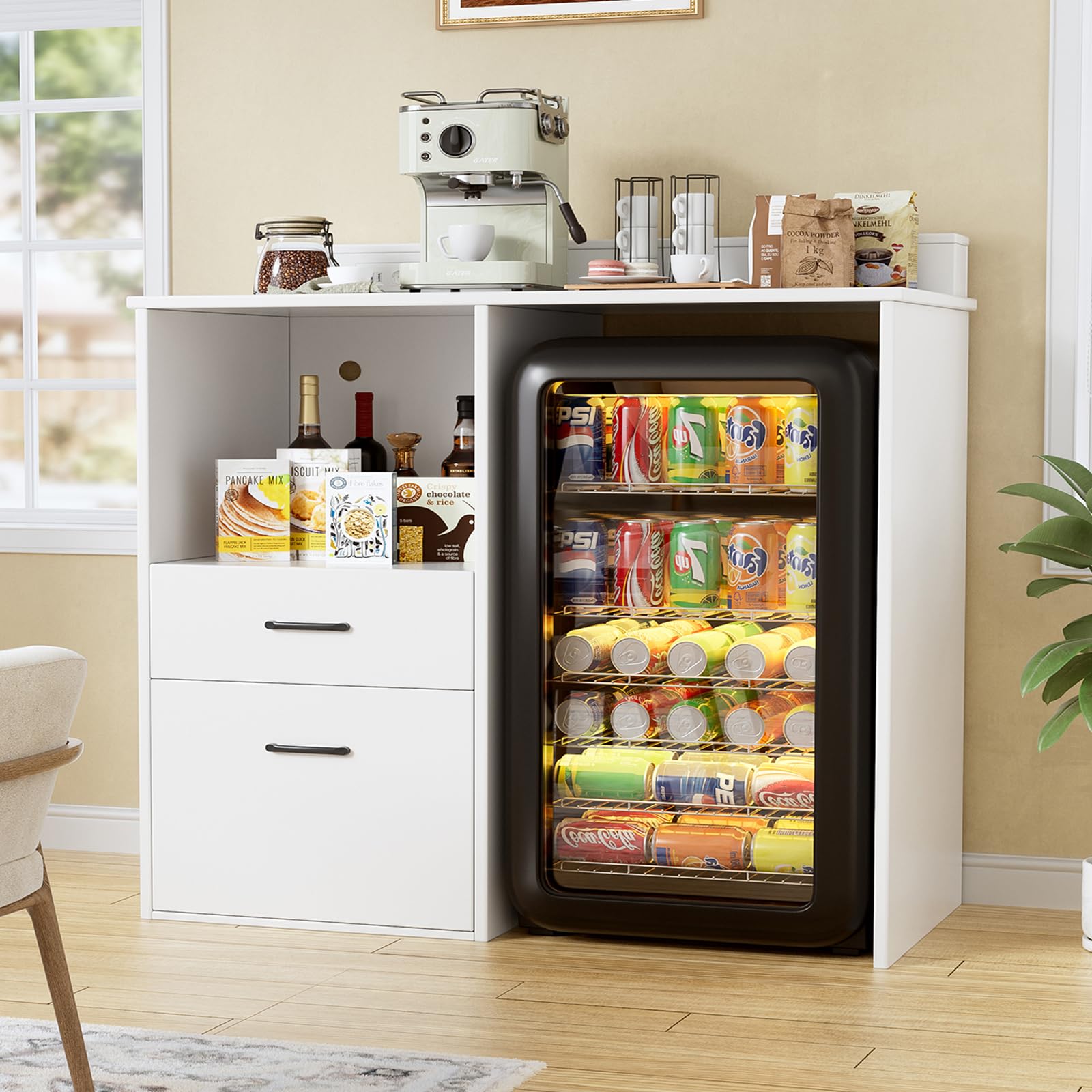 MSFE 2en1 Aparador para Salón/Armario para Mini Nevera, Soporte para Microondas con Tomas, Mueble Auxiliar Salón, Aparador Cocina para Comedor, Entrada, Dormitorio, Crema,100 * 53 * 108.5cm