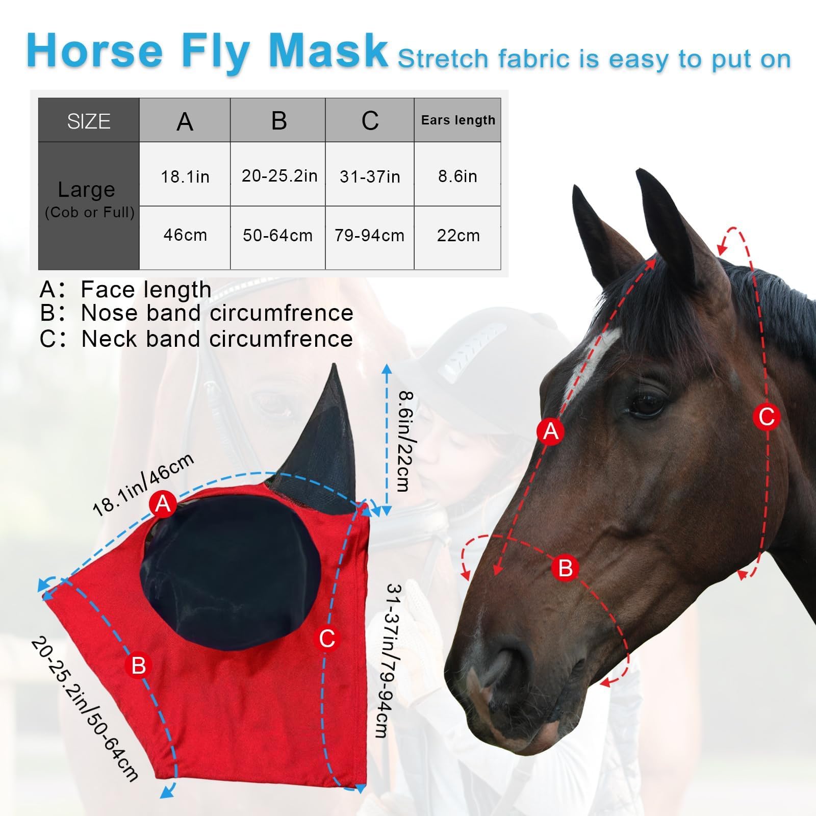 FOXLVDA Fliegenmaske für Pferde mit Ohren, modisches und atmungsaktives Stretchgewebe mit UV- und Sonnenschutz für durchschnittliche Pferde, 3 Stück (Blau-Schwarz-Rot, Groß)