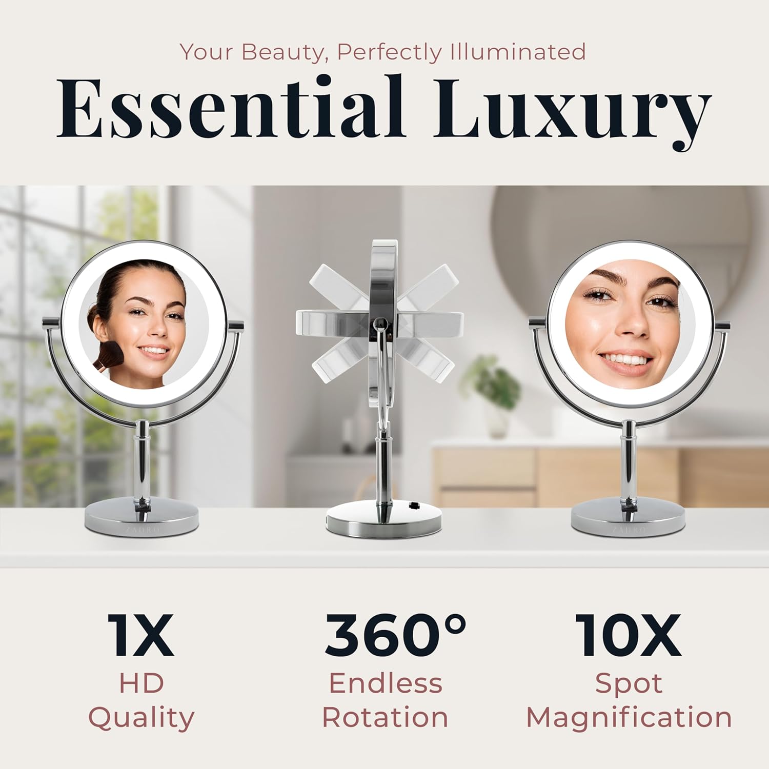 Zadro Laguna 11" LED Lighted Makeup Mirror with Magnification (Large | 15" x 11" | 10X/1X, Satin Nickel)