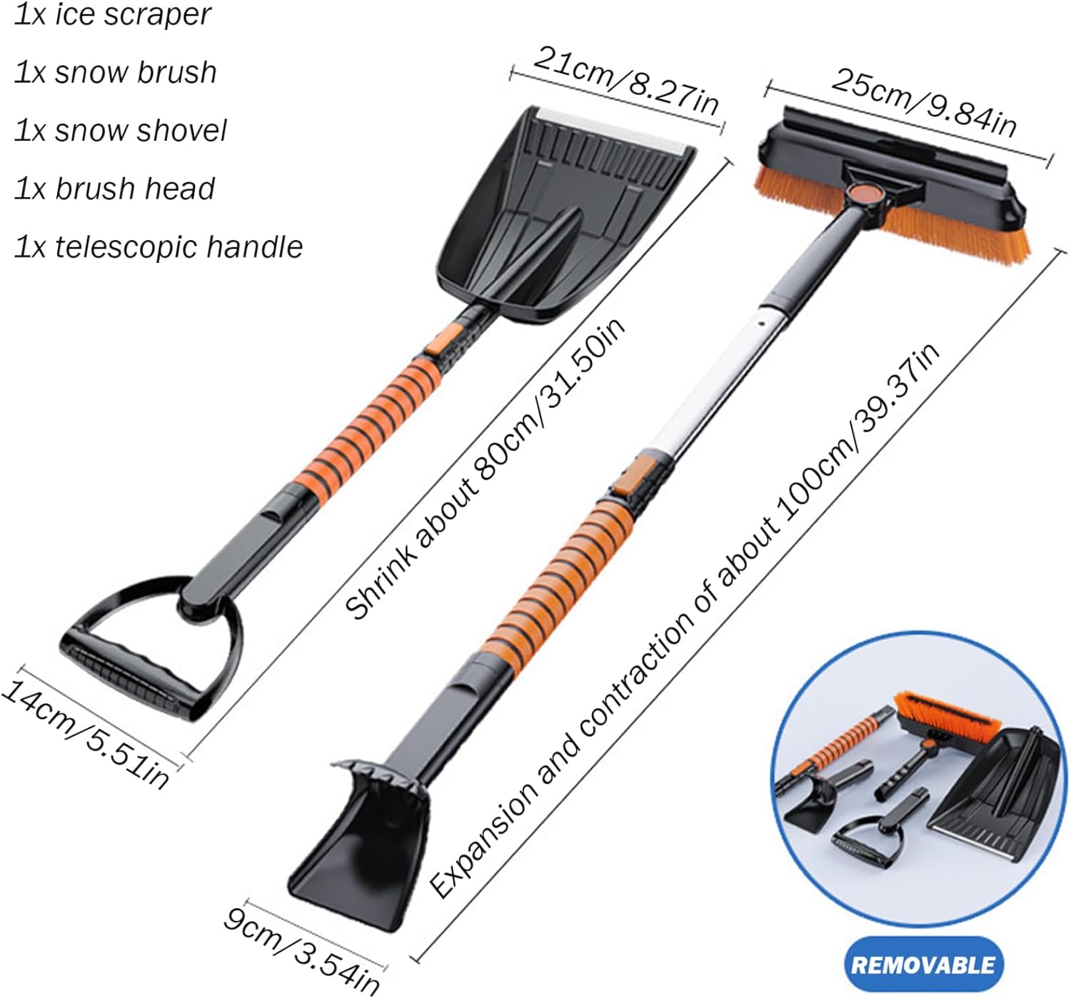 Car Snow Brush Extendable Car Snow Shovel 5 in 1 180° Pivoting Brush Kit with Ice Scraper and Foam Grip Detachable Removal Kit