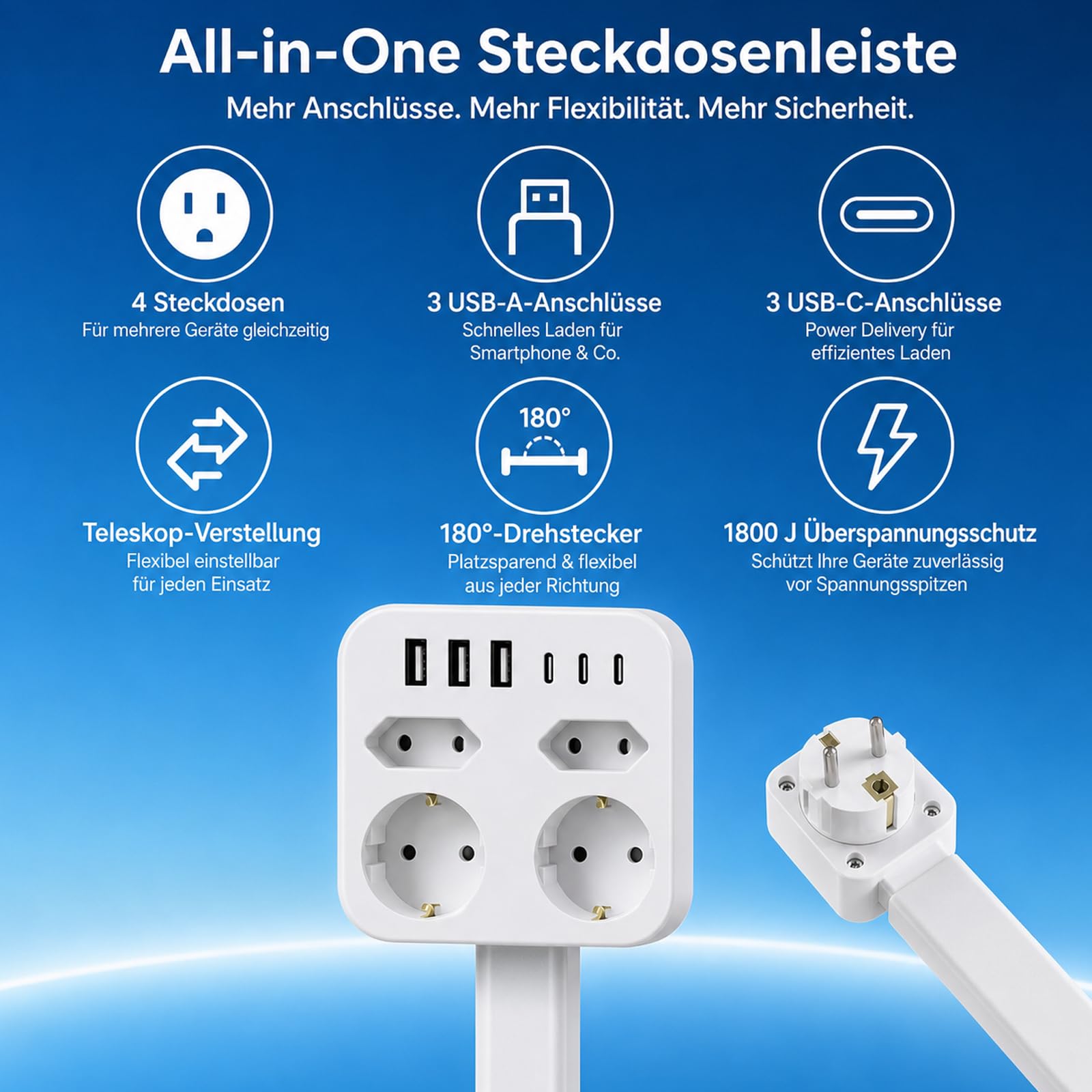 Rozszerzalna listwa zasilająca, wysuwana, od 45 do 65 cm, listwa zasilająca z USB, 3 gniazda USB i 3 gniazda typu C, 4 gniazda AC, przedłużacz, montaż na ścianie, sofa, łóżko