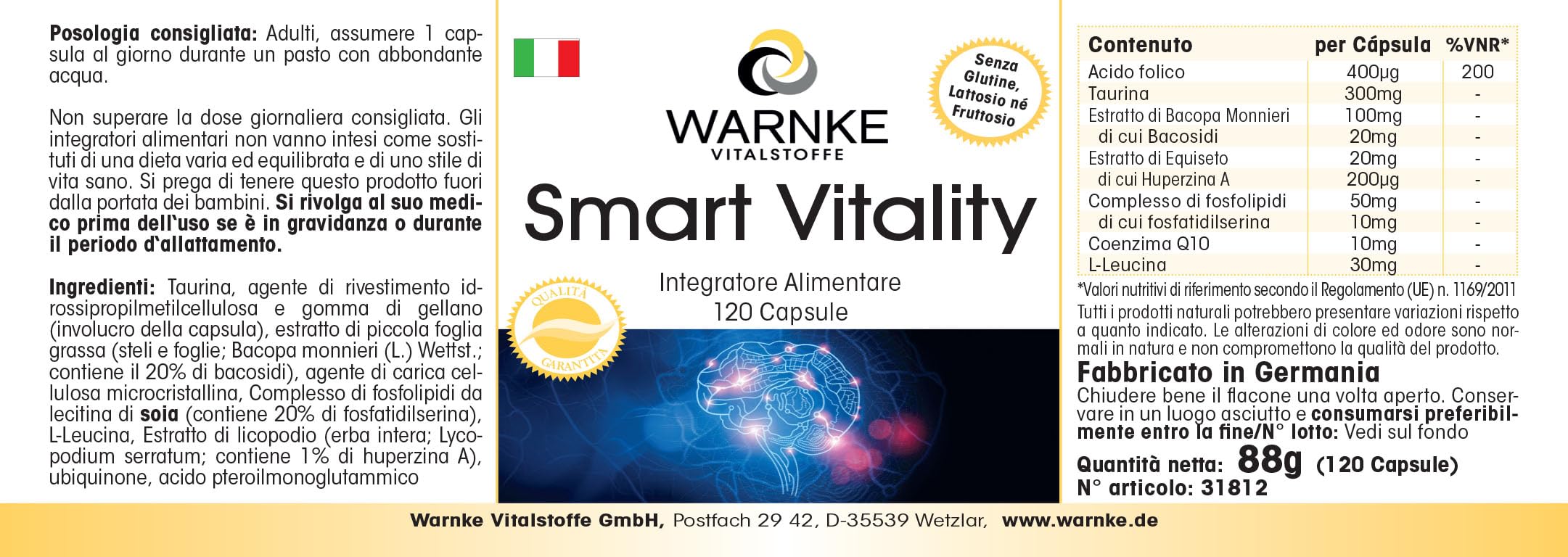 Smart Vitality - Complexe avec acide folique, taurine, Bacopa Monnieri, lycopode, phospholipide & Q10-120 gélules - fortement dosé - vegan | Warnke Vitalstoffe - Qualité des pharmacies allemandes