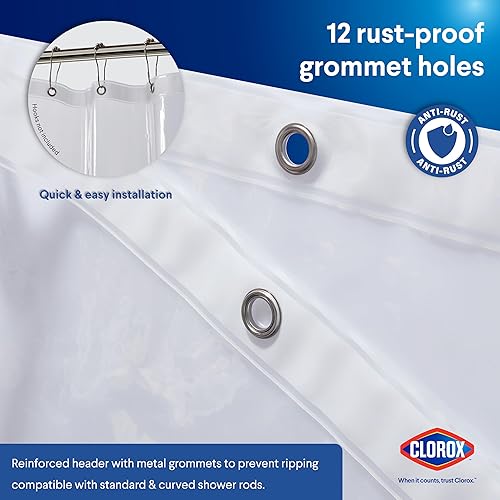 Miniatura 7 de CLOROX Forro de cortina de ducha, peso medio de alta calidad, duradero, impermeable, 0.22 oz de PEVA para baño con imanes pesados, extra largo, 72 x