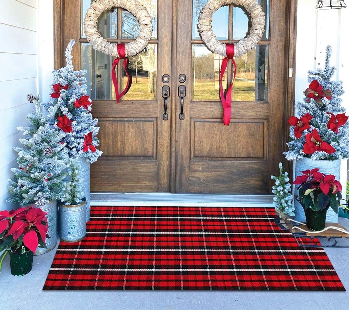 Christmas Outdoor Rugs 24 x 51''Black Red Buffalo Plaid