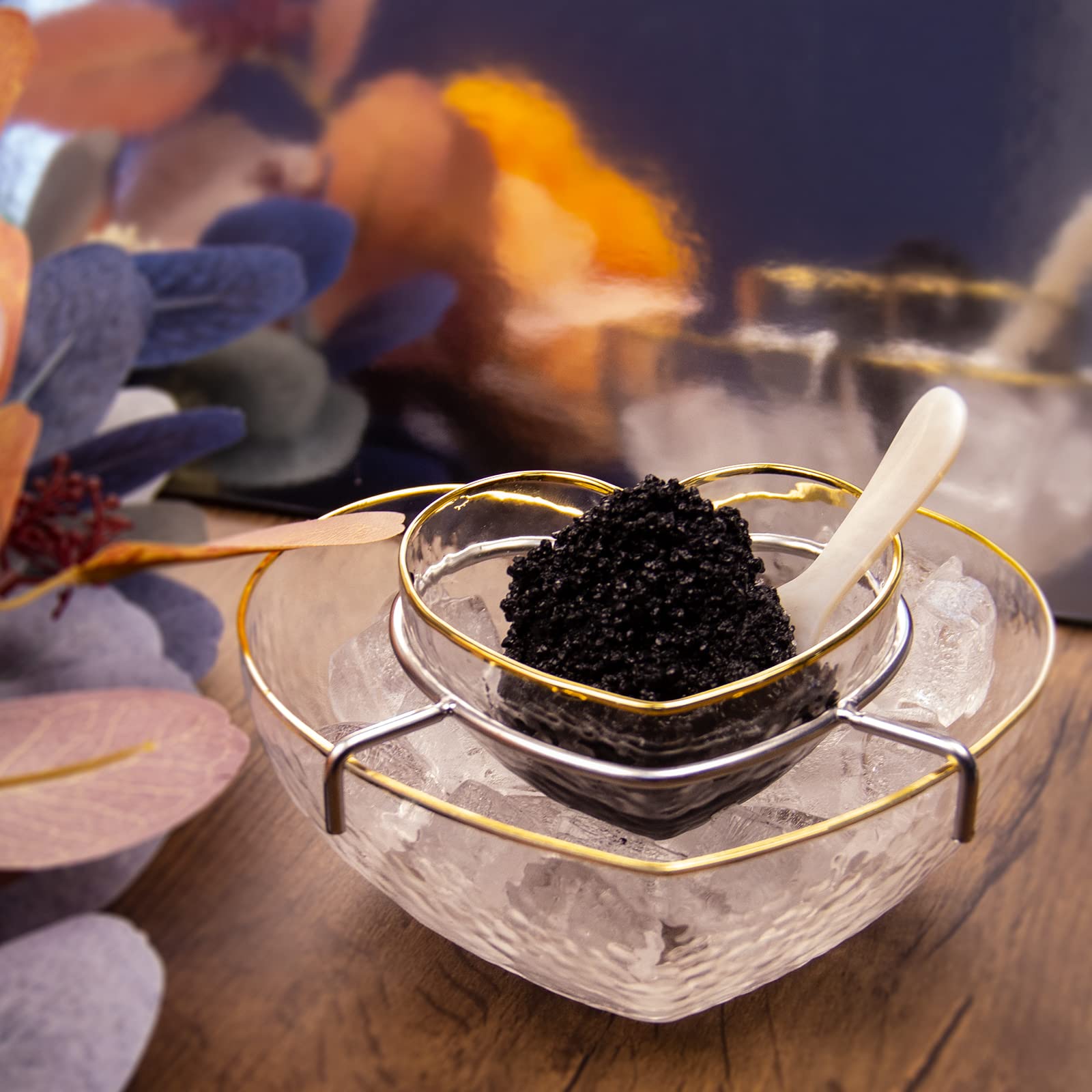 DUEBEL Plat à caviar en verre avec bord plaqué or en forme de cœur + 2 cuillères en nacre – Refroidisseur de caviar et crevettes pour bar, restaurant, restauration