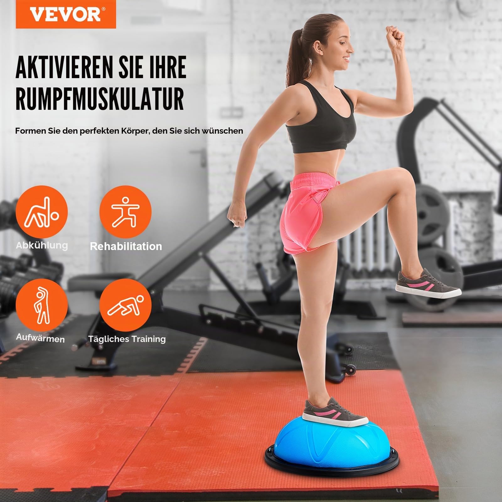 VEVOR Halb-Gymnastikball-Trainer, 58 cm Balance-Ball-Trainer, 300 kg Yoga-Ball mit Widerstandsbändern und Pumpe, Kraft-Fitnessball für das Heim-Fitnessstudio, Ganzkörpertraining, Blau