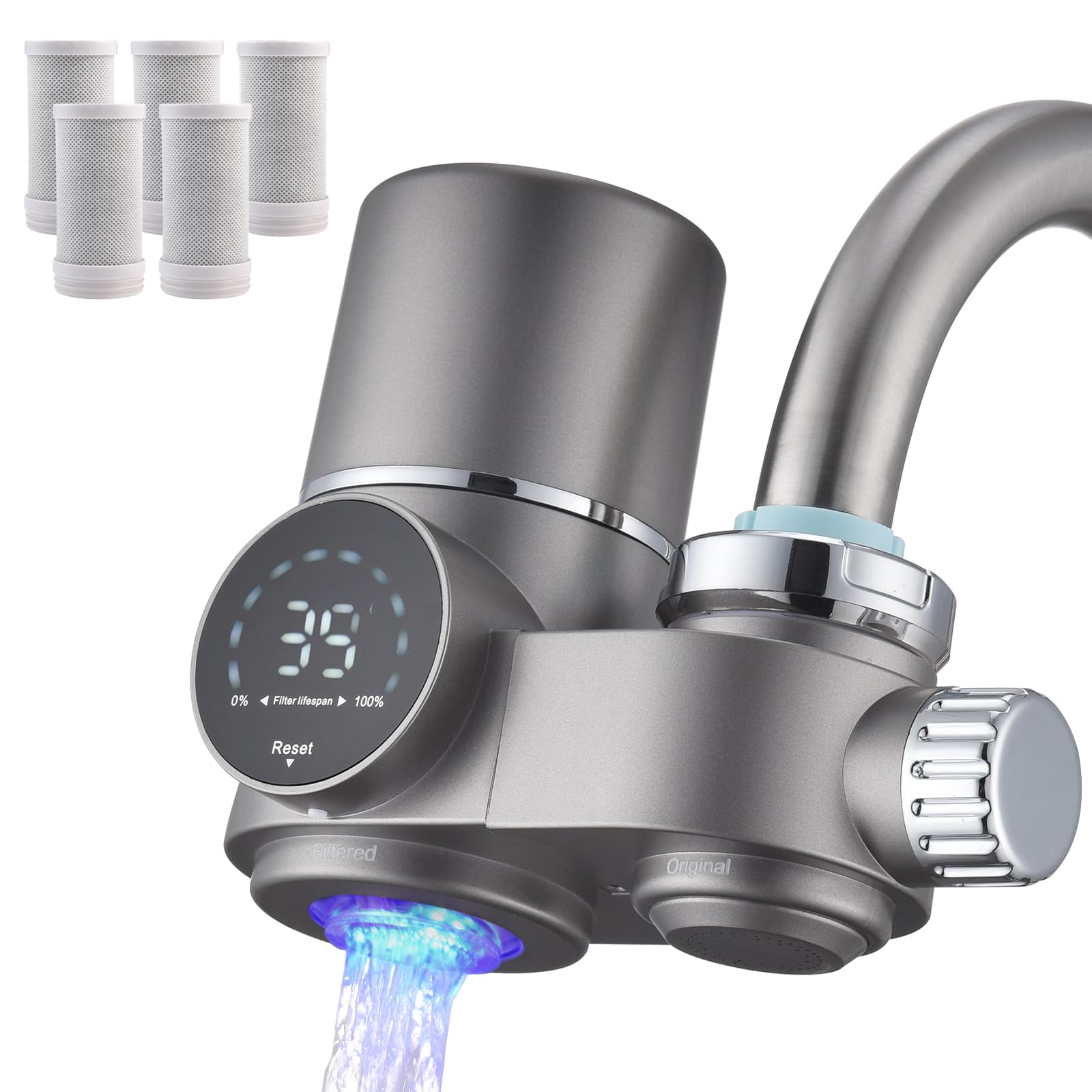 HOMELODY Wasserfilter Wasserhahn mit Blaulicht, 5 Filter Enthalten & Wasserfilter Trinkwasser für Küche, entfernt Chlor, Schwermetalle & Kalk, verbessert den Geschmack, 12x Adapter