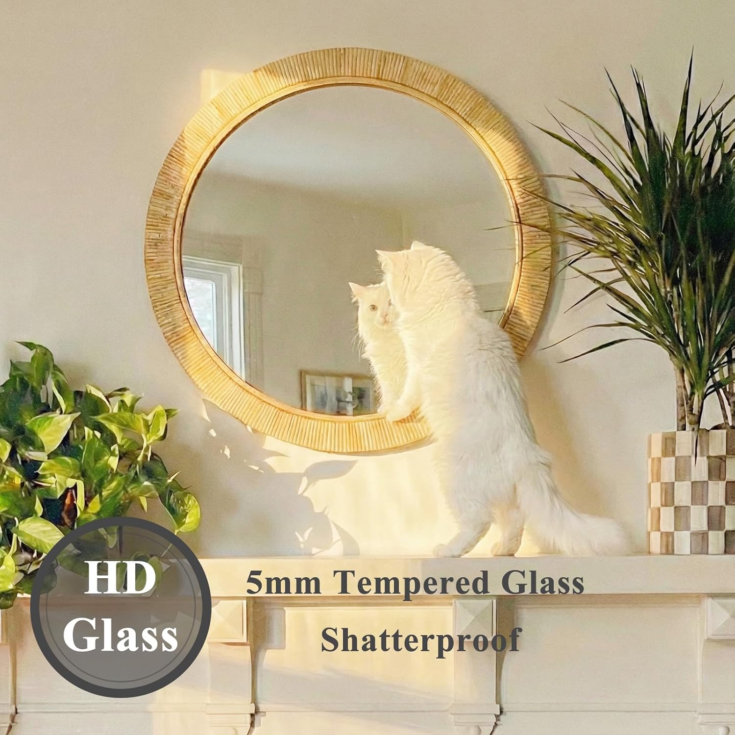 24"x24" inch Rattan Mirrors for Wall, Rustic Farmhouse Style Handmade Wicker Rattan Frame, Boho Wall Mirror for Bedroom, Bathroom, Livingroom, Hallway