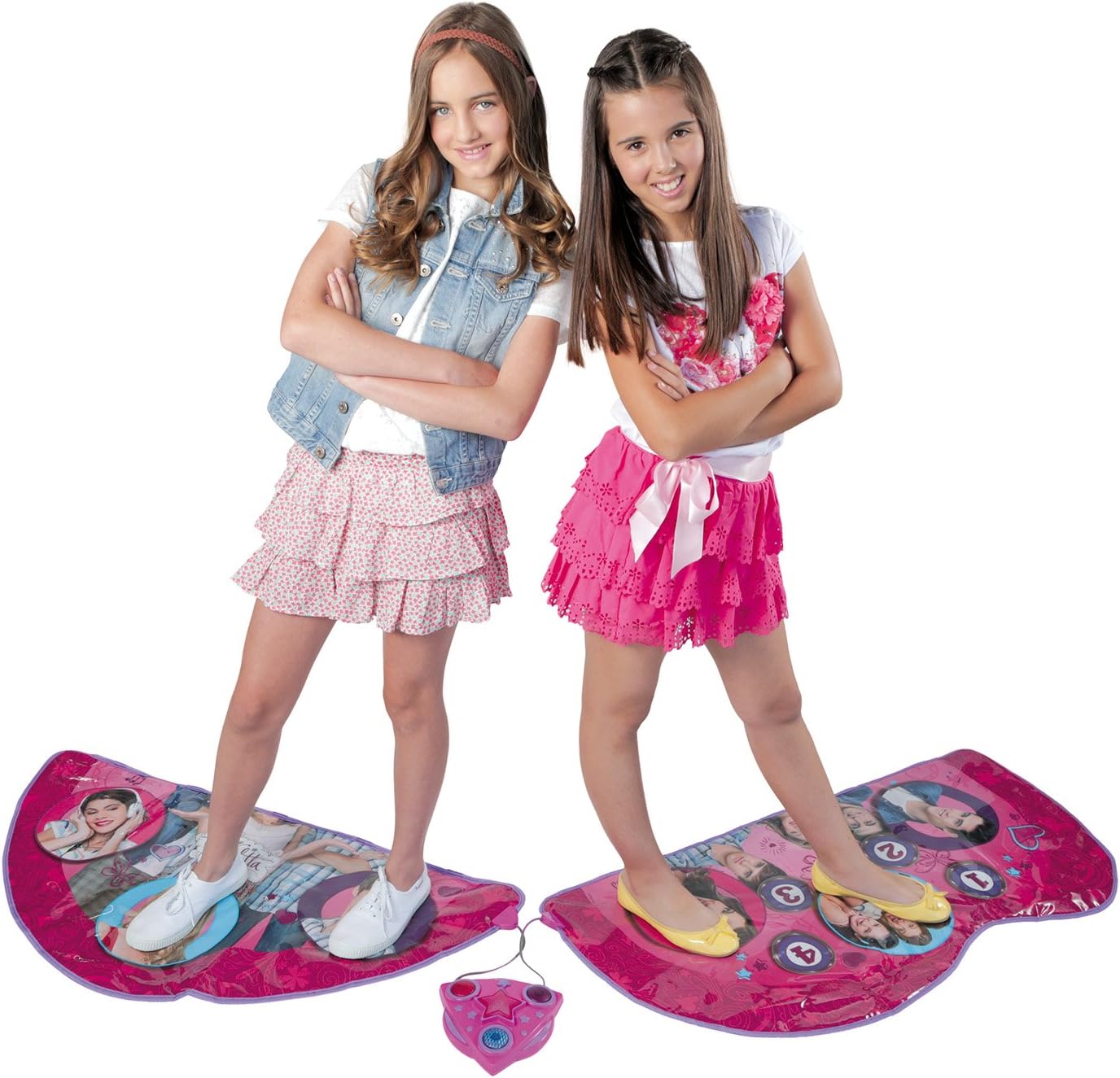 Two young girls standing on separate halves of the Smoby Violetta Dance Mat, which is purple with character images.