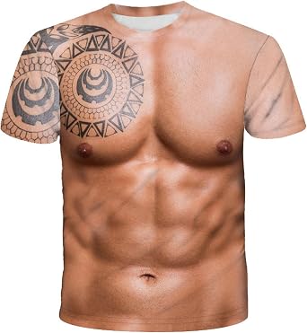 Mens Muscle T-Shirt, Tattoo, 3D Print, Short Sleeve, Funny T-Shirt, Macho T-Shirt, Street Style, Spring, Summer, Autumn Clothing