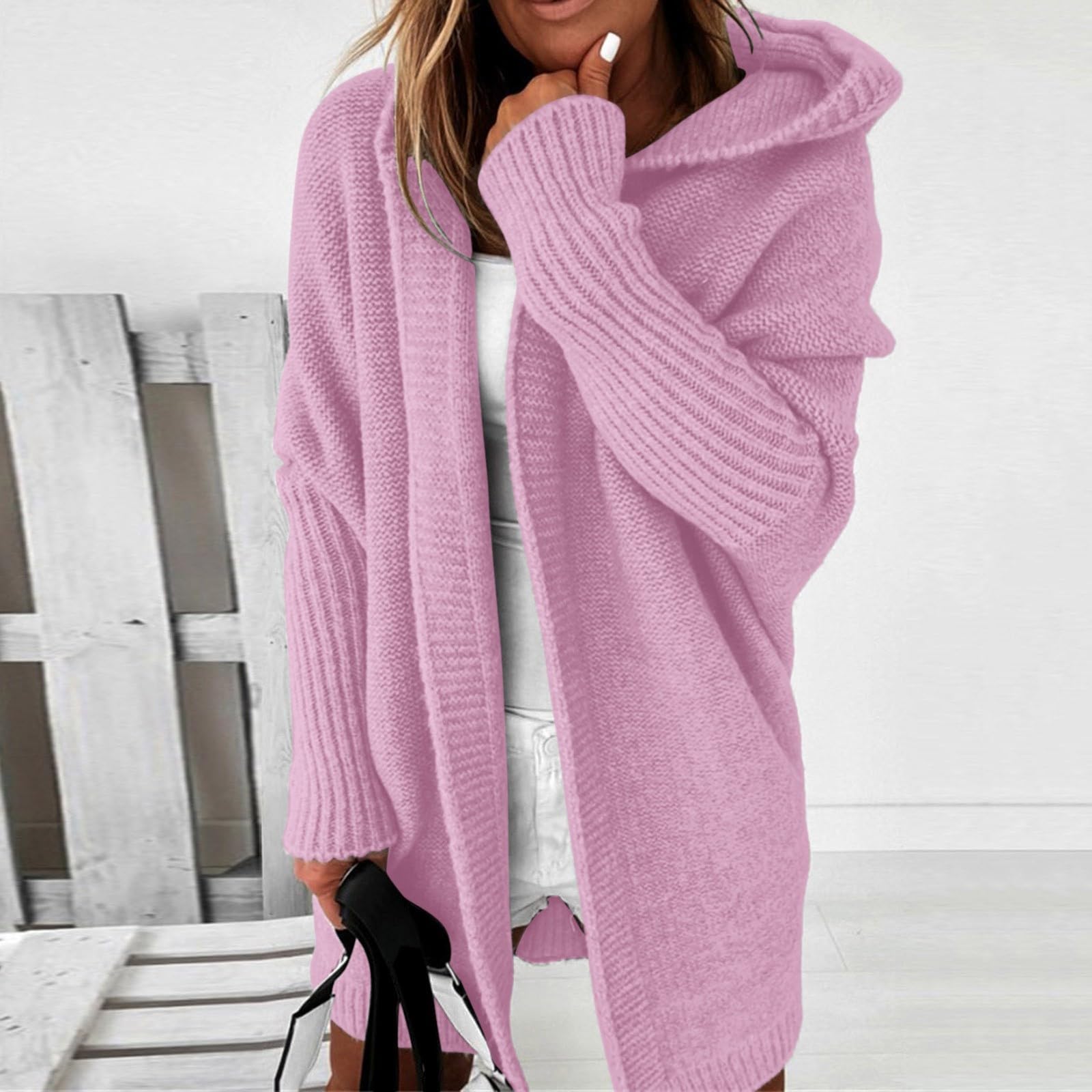 Cardigan Maille Femme, Long Gilet Femme Laine,Veste Cardigan à Capuche Ample TricotéE De Couleur Unie pour Femmes