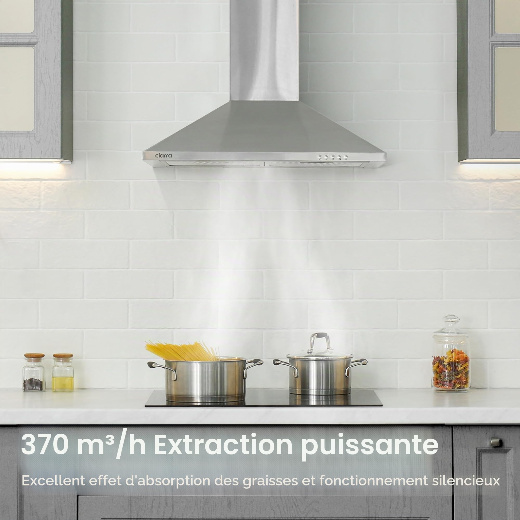 CIARRA Hottes Aspirantes 60cm 370m³/h Class A- Evacuation ou Recyclage -Filtre Charbon NON INCLUS - 3 Niveaux de Vitesse - Hotte Murale - Inox